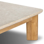 Grade A teak is fine sanded into a soft, unfinished look that highlights the wood's natural grain, finished with rounded legs that angle inward. Topped with neutral travertine stone for a blend of materials. Cover or store inside during inclement weather and when not in use. Amethyst Home provides interior design, new home construction design consulting, vintage area rugs, and lighting in the Laguna Beach metro area.