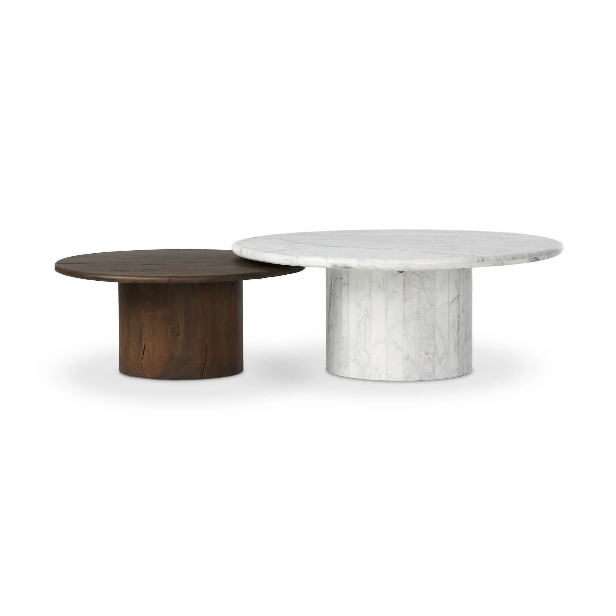 Featuring Stuart White Calacatta Marble Nesting Coffee Tables - MIX & Match by Four Hands at Amethyst Home. Elevate the look of your living space with a nest-style set of coffee tables — one larger table made from mixed reclaimed woods and a smaller table of white Calacatta marble. Together, they make for a true mixed materials moment.Large Marble, Smal. Amethyst Home provides interior design, new home construction design consulting, vintage area rugs, and lighting in the Newport Beach metro area.