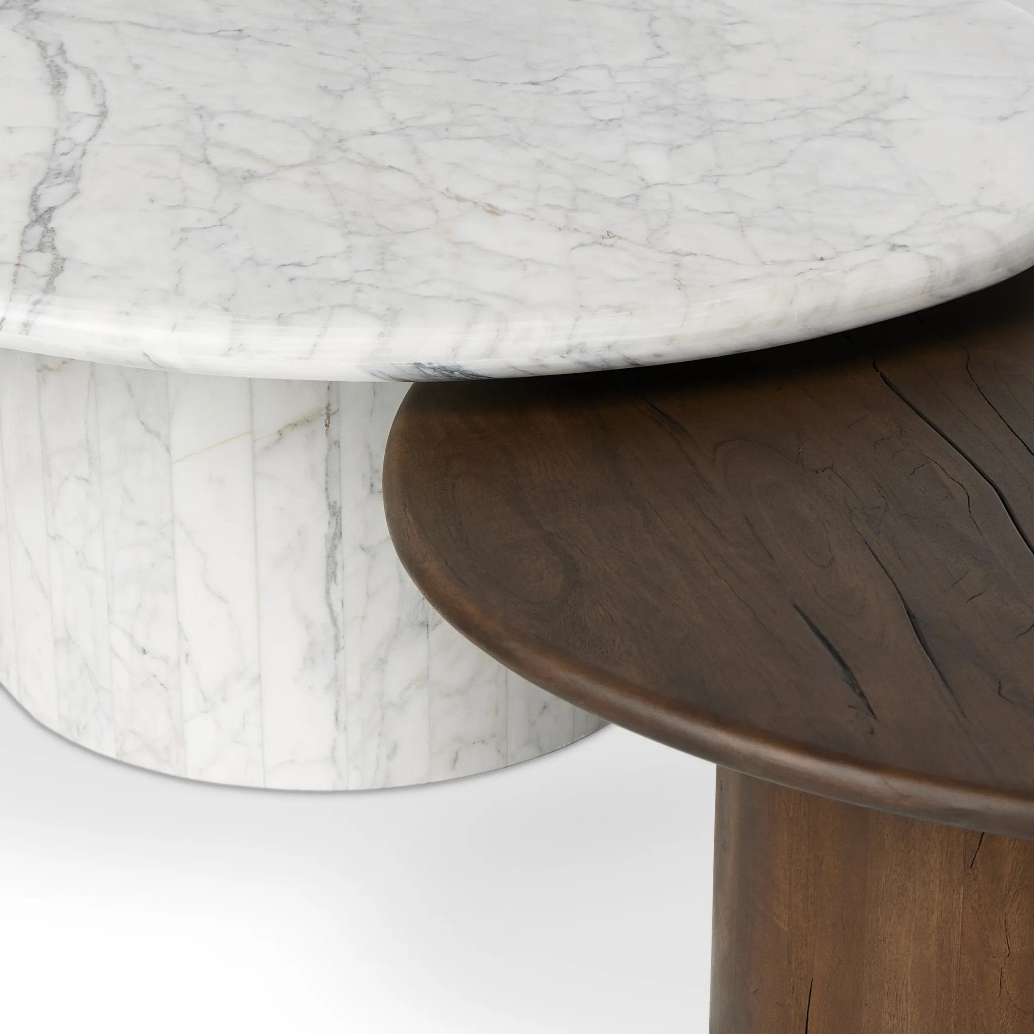 Featuring Stuart White Calacatta Marble Nesting Coffee Tables - MIX & Match by Four Hands at Amethyst Home. Elevate the look of your living space with a nest-style set of coffee tables — one larger table made from mixed reclaimed woods and a smaller table of white Calacatta marble. Together, they make for a true mixed materials moment.Large Marble, Small W. Amethyst Home provides interior design, new home construction design consulting, vintage area rugs, and lighting in the Scottsdale metro area.