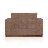 Featuring Suri Arashi Salt Outdoor Chair by Four Hands at Amethyst Home. Elevate your outdoors. A wide-format outdoor chair features a faux hyacinth frame and plinth base. Linear details and a boxy silhouette make this piece truly timeless, while a knife-edge back  cushion softens the whole look. Upholstered in 100% olefin, known for its UV-resistant, water. Amethyst Home provides interior design, new home construction design consulting, vintage area rugs, and lighting in the Nashville metro area.