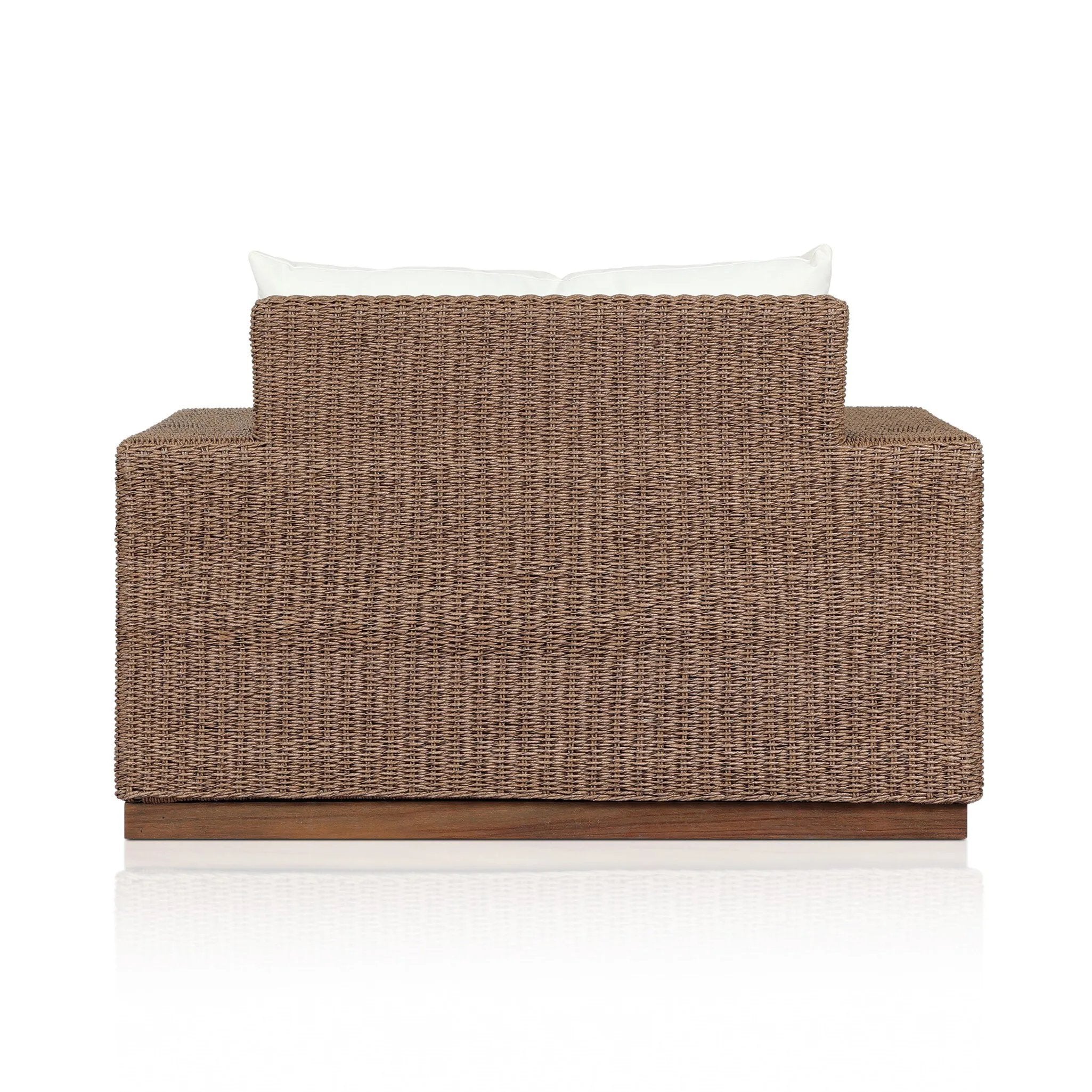 Featuring Suri Arashi Salt Outdoor Chair by Four Hands at Amethyst Home. Elevate your outdoors. A wide-format outdoor chair features a faux hyacinth frame and plinth base. Linear details and a boxy silhouette make this piece truly timeless, while a knife-edge back  cushion softens the whole look. Upholstered in 100% olefin, known for its UV-resistant, water. Amethyst Home provides interior design, new home construction design consulting, vintage area rugs, and lighting in the Nashville metro area.