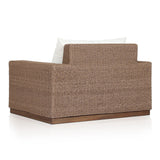 Featuring Suri Arashi Salt Outdoor Chair by Four Hands at Amethyst Home. Elevate your outdoors. A wide-format outdoor chair features a faux hyacinth frame and plinth base. Linear details and a boxy silhouette make this piece truly timeless, while a knife-edge back  cushion softens the whole look. Upholstered in 100% olefin, known for its UV-resistant, w. Amethyst Home provides interior design, new home construction design consulting, vintage area rugs, and lighting in the Newport Beach metro area.