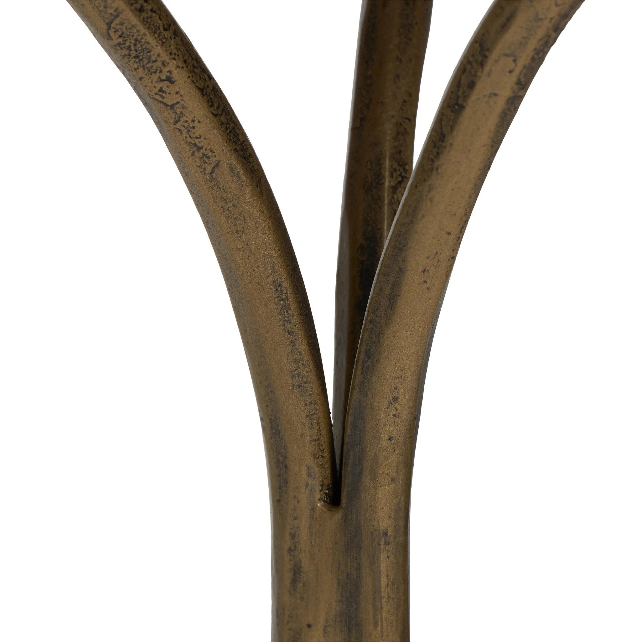 Hammered aged brass forms a tulip-shaped base with ball details for a design-forward touch. Bullnose edges on a rounded fossil marble tabletop soften the whole look Amethyst Home provides interior design, new home construction design consulting, vintage area rugs, and lighting in the Calabasas metro area.