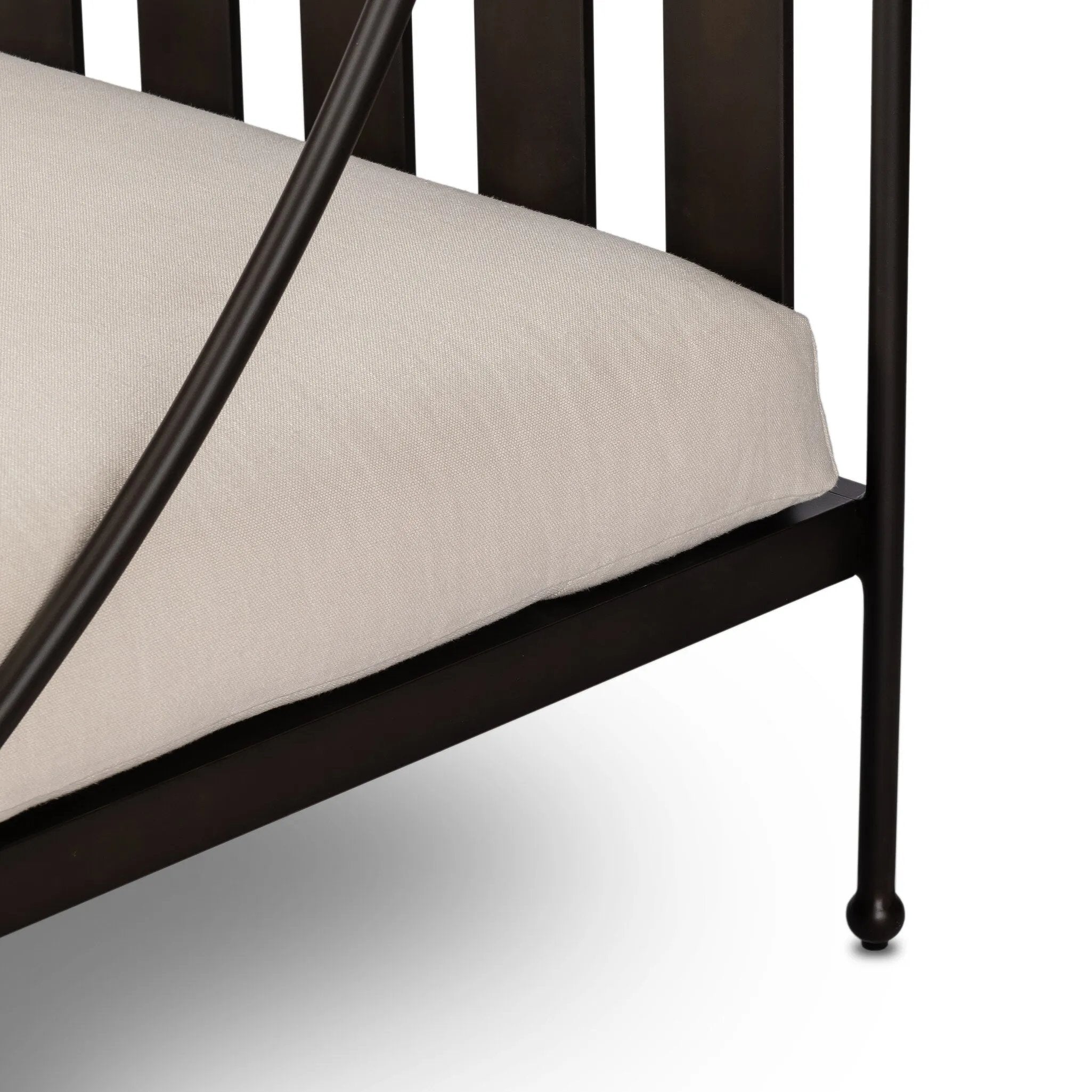 Statement-making comfort. This outdoor chaise brings a modern, French Deco-inspired look with bold color contrast to the patio. High back vertical slats pair with the removable canopy and small finial details for a unique take on traditional. Cover or store indoors during inclement weather and when not in use Amethyst Home provides interior design, new home construction design consulting, vintage area rugs, and lighting in the Alpharetta metro area.