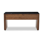 Design your home office with hallmark features inspired by soft Brutalism. Made from solid walnut and poplar woods with a natural finish, the five-drawer executive desk is topped with a black marble top with half bullnose edging for smooth contours. High-quality hardware is crafted from black iron Amethyst Home provides interior design, new home construction design consulting, vintage area rugs, and lighting in the Austin metro area.