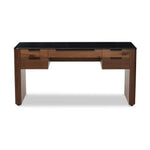 Design your home office with hallmark features inspired by soft Brutalism. Made from solid walnut and poplar woods with a natural finish, the five-drawer executive desk is topped with a black marble top with half bullnose edging for smooth contours. High-quality hardware is crafted from black iron Amethyst Home provides interior design, new home construction design consulting, vintage area rugs, and lighting in the Monterey metro area.