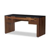 Design your home office with hallmark features inspired by soft Brutalism. Made from solid walnut and poplar woods with a natural finish, the five-drawer executive desk is topped with a black marble top with half bullnose edging for smooth contours. High-quality hardware is crafted from black iron Amethyst Home provides interior design, new home construction design consulting, vintage area rugs, and lighting in the Nashville metro area.