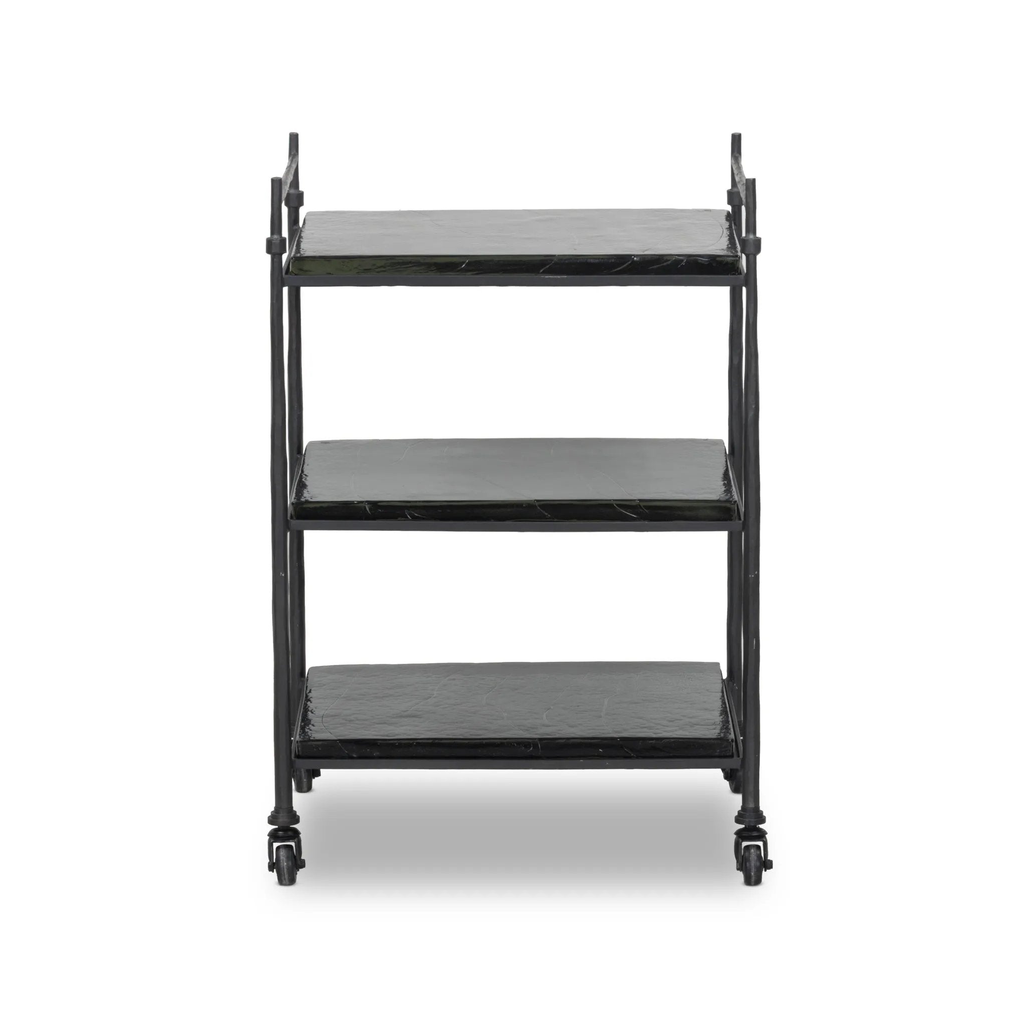 Elevate cocktail hour with an always-in-style rolling bar cart. Crafted from black hammered metal with three tiers of smoked cast glass, offering smooth surface space for storage and display Amethyst Home provides interior design, new home construction design consulting, vintage area rugs, and lighting in the Scottsdale metro area.