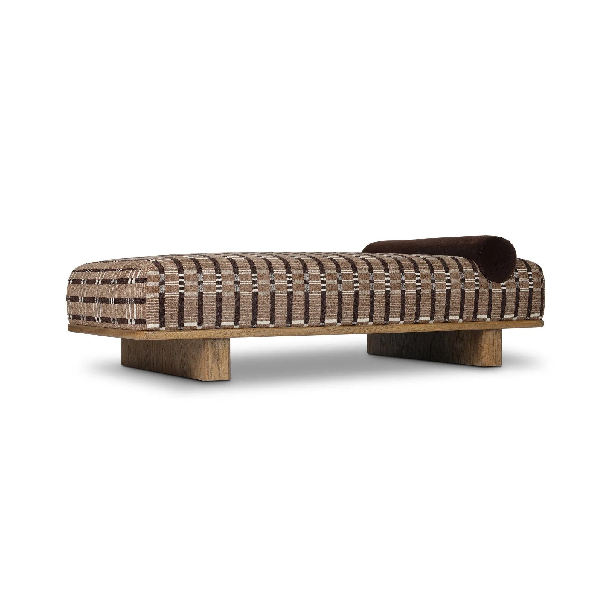 Taking inspiration from vintage Swedish textiles, this chaise serves double duty as an inviting seat and a one-of-a-kind conversation starter. It's a play of geometry and texture, from the sturdy wood frame and bold silhouette to the rich mix of upholstery and cut-in bolster cushion. Amethyst Home provides interior design, new home construction design consulting, vintage area rugs, and lighting in the Seattle metro area.