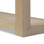 Made from bleached solid oak, a long, open-style console table brings a light, clean look to your living or media room. Lower shelving brings bonus storage and display of media, favorite books and more Amethyst Home provides interior design, new home construction design consulting, vintage area rugs, and lighting in the Alpharetta metro area.