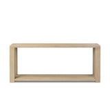 Made from bleached solid oak, a long, open-style console table brings a light, clean look to your living or media room. Lower shelving brings bonus storage and display of media, favorite books and more Amethyst Home provides interior design, new home construction design consulting, vintage area rugs, and lighting in the Calabasas metro area.