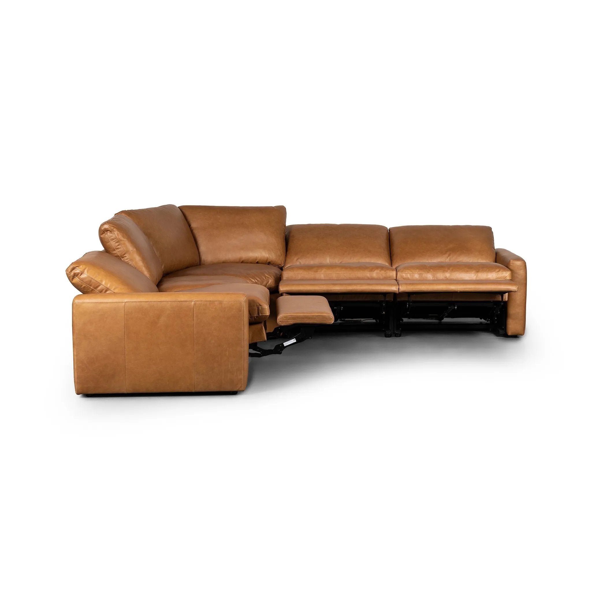 Featuring Tillery Sonoma Butterscotch Power Recliner 5-Piece Sectional by Four Hands at Amethyst Home. A modern take on the traditional recliner sectional. Customize your comfort level with the push of hidden buttons with pieces in our Power Motion collection. Sectional features a slightly higher seat and backrest, low, sleek arms, and a motion footrest. P. Amethyst Home provides interior design, new home construction design consulting, vintage area rugs, and lighting in the Alpharetta metro area.