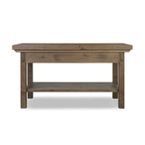 This butcher block-inspired island maximizes space with a streamlined design. Crafted from solid oak with beautiful graining throughout and iron accents. Features a thick tabletop, two drawers and a wide open shelf below.As fans of luxe design at Amethyst, we love the nature inspired Tobiah Kitchen Island. Amethyst Home provides interior design, new home construction design consulting, vintage area rugs, and lighting in the Austin metro area.