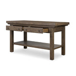 This butcher block-inspired island maximizes space with a streamlined design. Crafted from solid oak with beautiful graining throughout and iron accents. Features a thick tabletop, two drawers and a wide open shelf below.As fans of luxe design at Amethyst, we love the nature inspired Tobiah Kitchen Island. Amethyst Home provides interior design, new home construction design consulting, vintage area rugs, and lighting in the Nashville metro area.