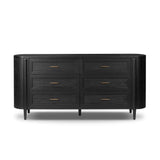 Infuse your collection with timeless midcentury design. Crafted from oak and parawood, a six-drawer dresser is finished in a matte black, with simple brass hardware Amethyst Home provides interior design, new home construction design consulting, vintage area rugs, and lighting in the Boston metro area.