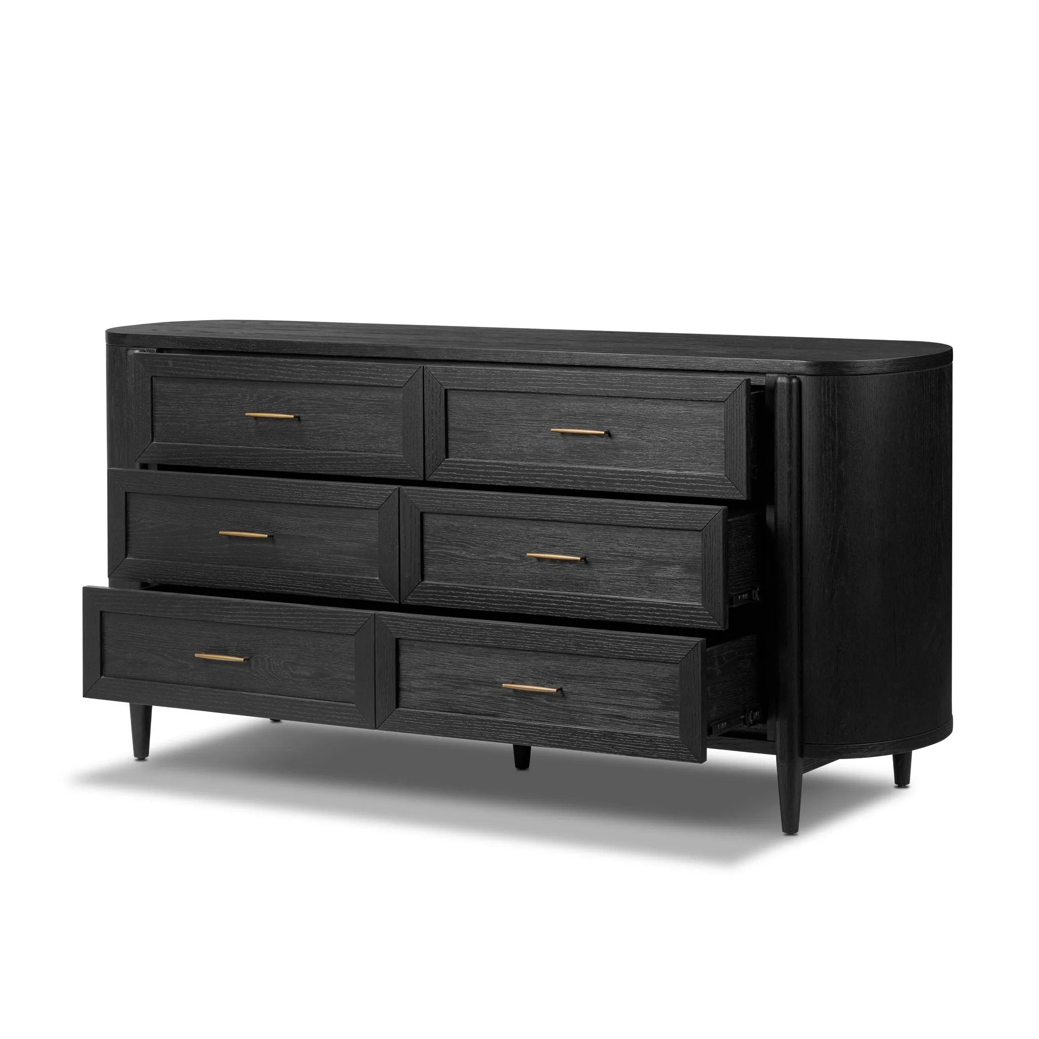 Infuse your collection with timeless midcentury design. Crafted from oak and parawood, a six-drawer dresser is finished in a matte black, with simple brass hardware Amethyst Home provides interior design, new home construction design consulting, vintage area rugs, and lighting in the Charlotte metro area.
