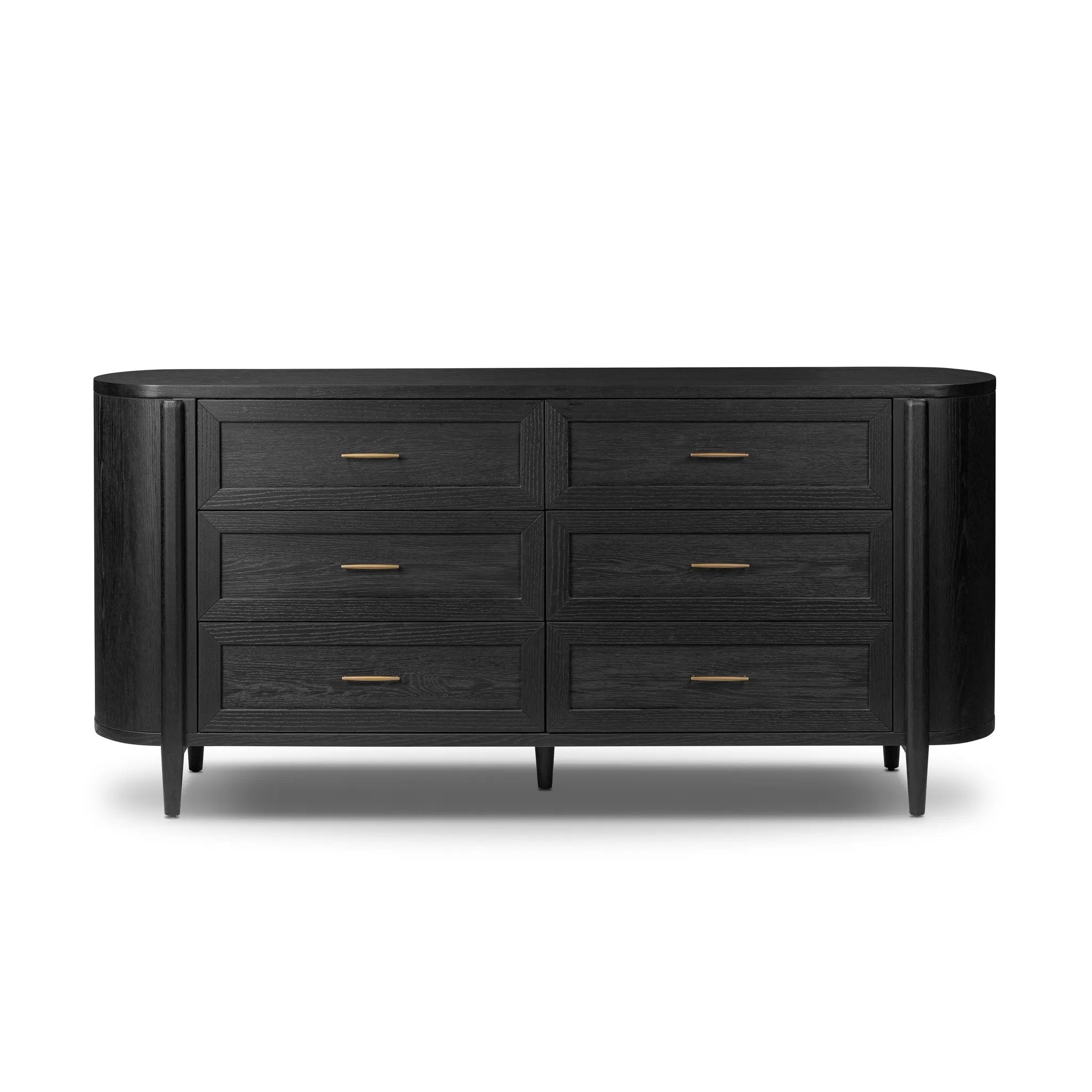 Infuse your collection with timeless midcentury design. Crafted from oak and parawood, a six-drawer dresser is finished in a matte black, with simple brass hardware Amethyst Home provides interior design, new home construction design consulting, vintage area rugs, and lighting in the Seattle metro area.