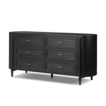 Infuse your collection with timeless midcentury design. Crafted from oak and parawood, a six-drawer dresser is finished in a matte black, with simple brass hardware Amethyst Home provides interior design, new home construction design consulting, vintage area rugs, and lighting in the Washington metro area.