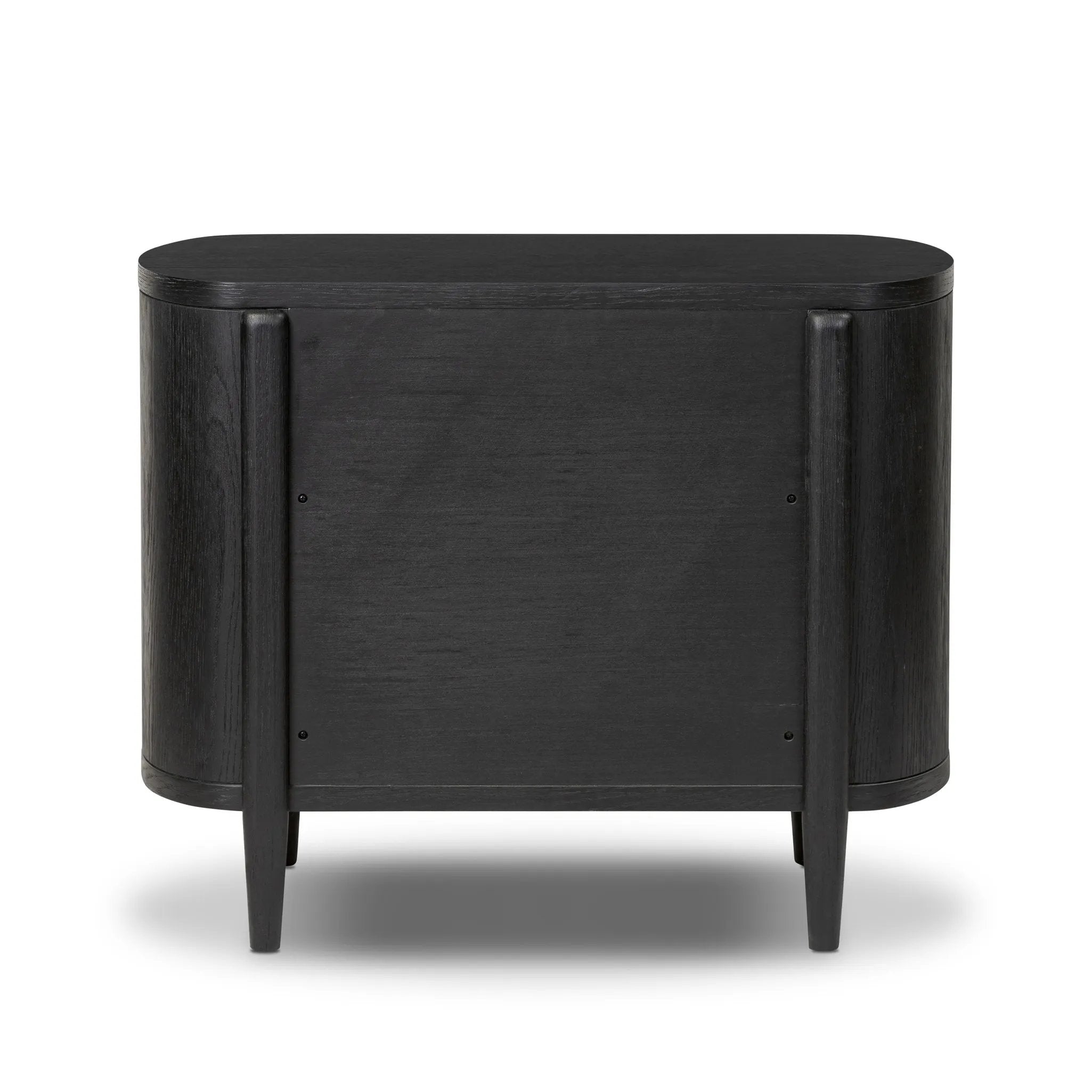 Infuse your collection with timeless midcentury design. Crafted from oak and parawood, a two-drawer nightstand is finished in a matte black, with simple brass hardware Amethyst Home provides interior design, new home construction design consulting, vintage area rugs, and lighting in the Alpharetta metro area.