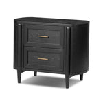 Infuse your collection with timeless midcentury design. Crafted from oak and parawood, a two-drawer nightstand is finished in a matte black, with simple brass hardware Amethyst Home provides interior design, new home construction design consulting, vintage area rugs, and lighting in the Austin metro area.