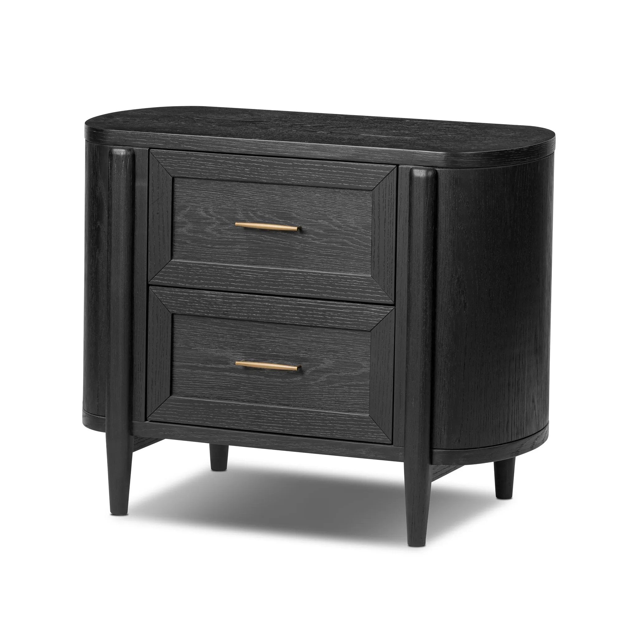 Infuse your collection with timeless midcentury design. Crafted from oak and parawood, a two-drawer nightstand is finished in a matte black, with simple brass hardware Amethyst Home provides interior design, new home construction design consulting, vintage area rugs, and lighting in the Austin metro area.