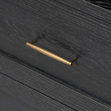 Infuse your collection with timeless midcentury design. Crafted from oak and parawood, a two-drawer nightstand is finished in a matte black, with simple brass hardware Amethyst Home provides interior design, new home construction design consulting, vintage area rugs, and lighting in the Des Moines metro area.