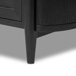 Infuse your collection with timeless midcentury design. Crafted from oak and parawood, a two-drawer nightstand is finished in a matte black, with simple brass hardware Amethyst Home provides interior design, new home construction design consulting, vintage area rugs, and lighting in the Kansas City metro area.