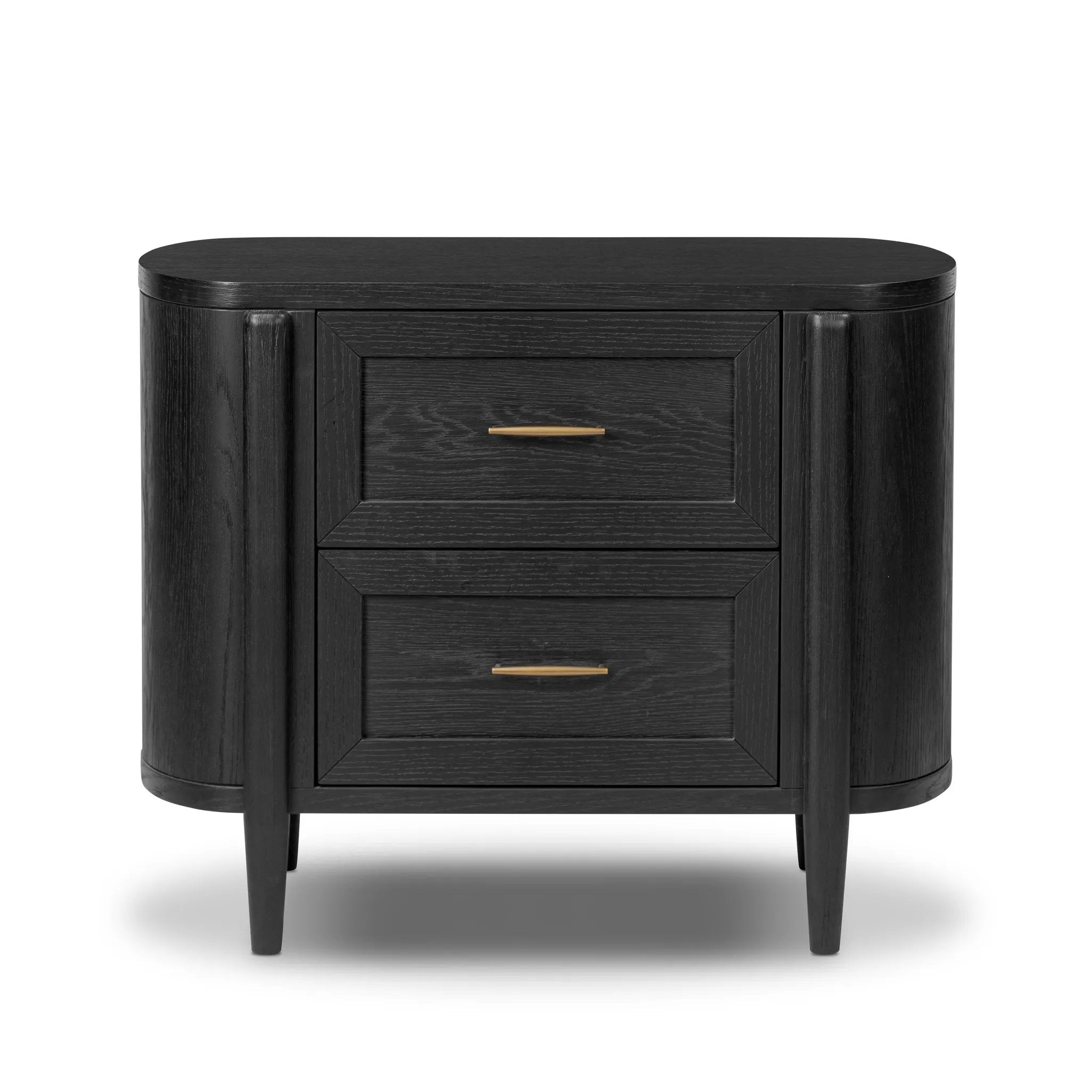 Infuse your collection with timeless midcentury design. Crafted from oak and parawood, a two-drawer nightstand is finished in a matte black, with simple brass hardware Amethyst Home provides interior design, new home construction design consulting, vintage area rugs, and lighting in the Los Angeles metro area.