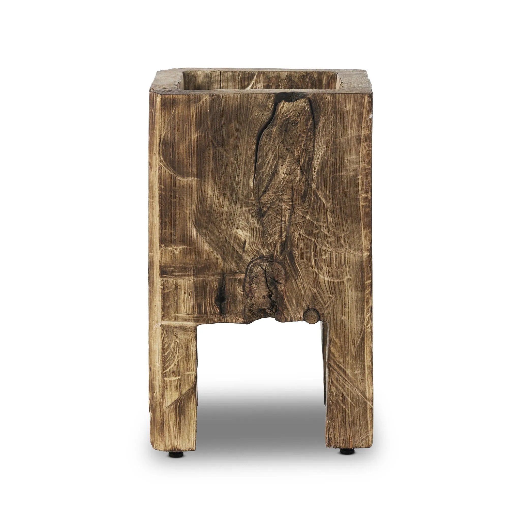 Character-rich reclaimed wood shapes this natural statement planter, with heavy cracking and texture conveying a found look. Not water tight; liner/pot required Amethyst Home provides interior design, new home construction design consulting, vintage area rugs, and lighting in the Washington metro area.