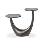Made from distressed metal with a bronzed finish, an organically shaped end table features two tabletops, perfectly sized for your drink or favorite book Amethyst Home provides interior design, new home construction design consulting, vintage area rugs, and lighting in the Calabasas metro area.