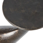 Made from distressed metal with a bronzed finish, an organically shaped end table features two tabletops, perfectly sized for your drink or favorite book Amethyst Home provides interior design, new home construction design consulting, vintage area rugs, and lighting in the Charlotte metro area.