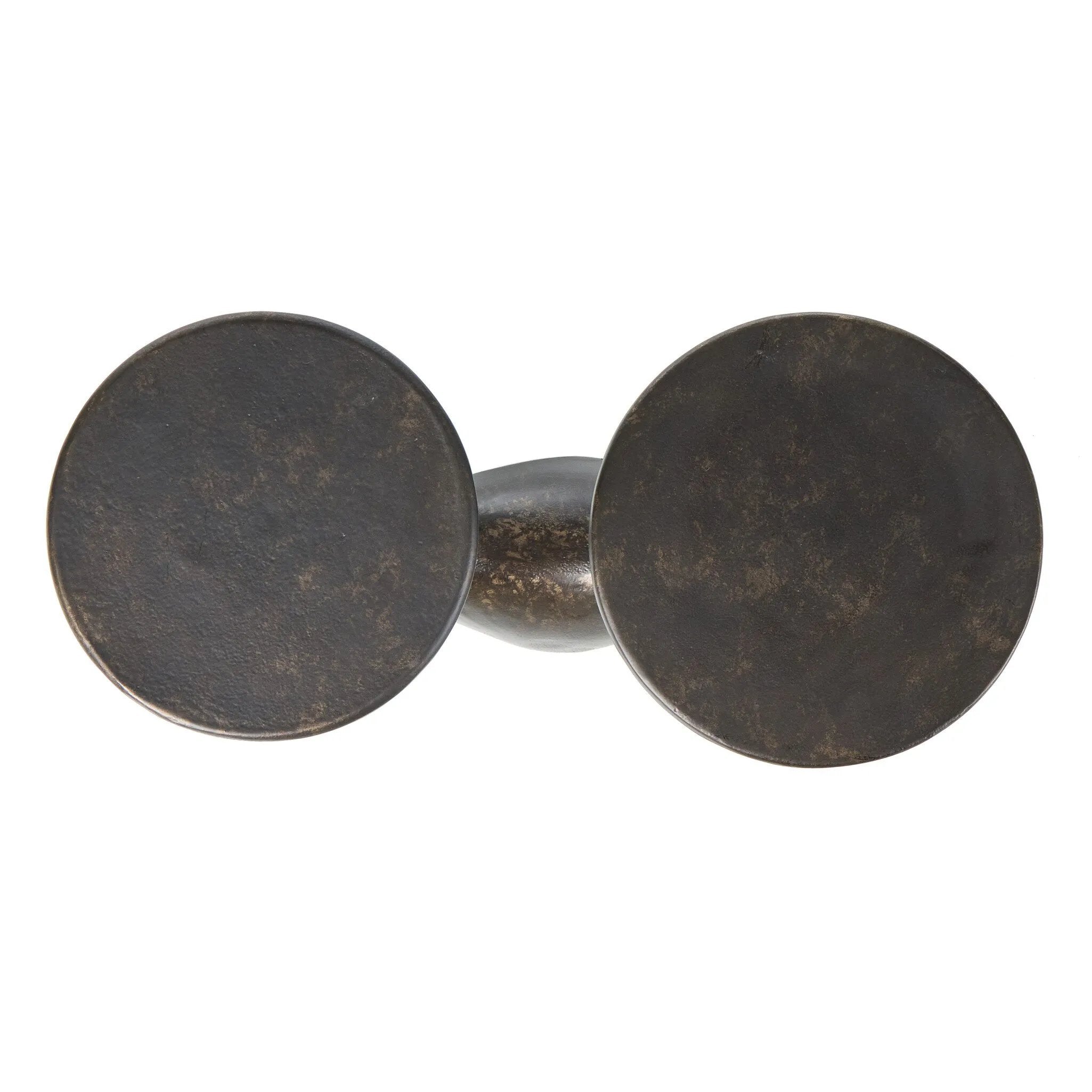 Made from distressed metal with a bronzed finish, an organically shaped end table features two tabletops, perfectly sized for your drink or favorite book Amethyst Home provides interior design, new home construction design consulting, vintage area rugs, and lighting in the Des Moines metro area.