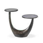 Made from distressed metal with a bronzed finish, an organically shaped end table features two tabletops, perfectly sized for your drink or favorite book Amethyst Home provides interior design, new home construction design consulting, vintage area rugs, and lighting in the Monterey metro area.