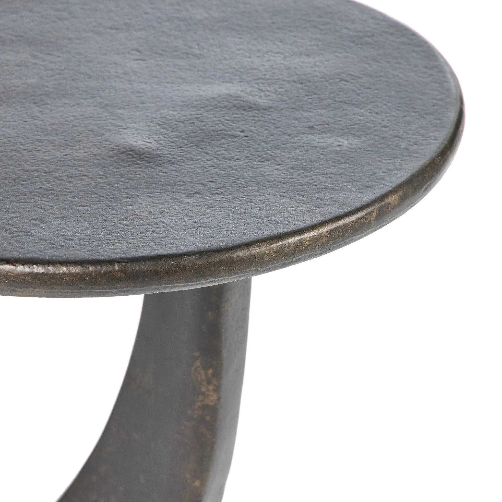Made from distressed metal with a bronzed finish, an organically shaped end table features two tabletops, perfectly sized for your drink or favorite book Amethyst Home provides interior design, new home construction design consulting, vintage area rugs, and lighting in the Newport Beach metro area.
