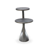 Made from distressed metal with a bronzed finish, an organically shaped end table features two tabletops, perfectly sized for your drink or favorite book Amethyst Home provides interior design, new home construction design consulting, vintage area rugs, and lighting in the Portland metro area.