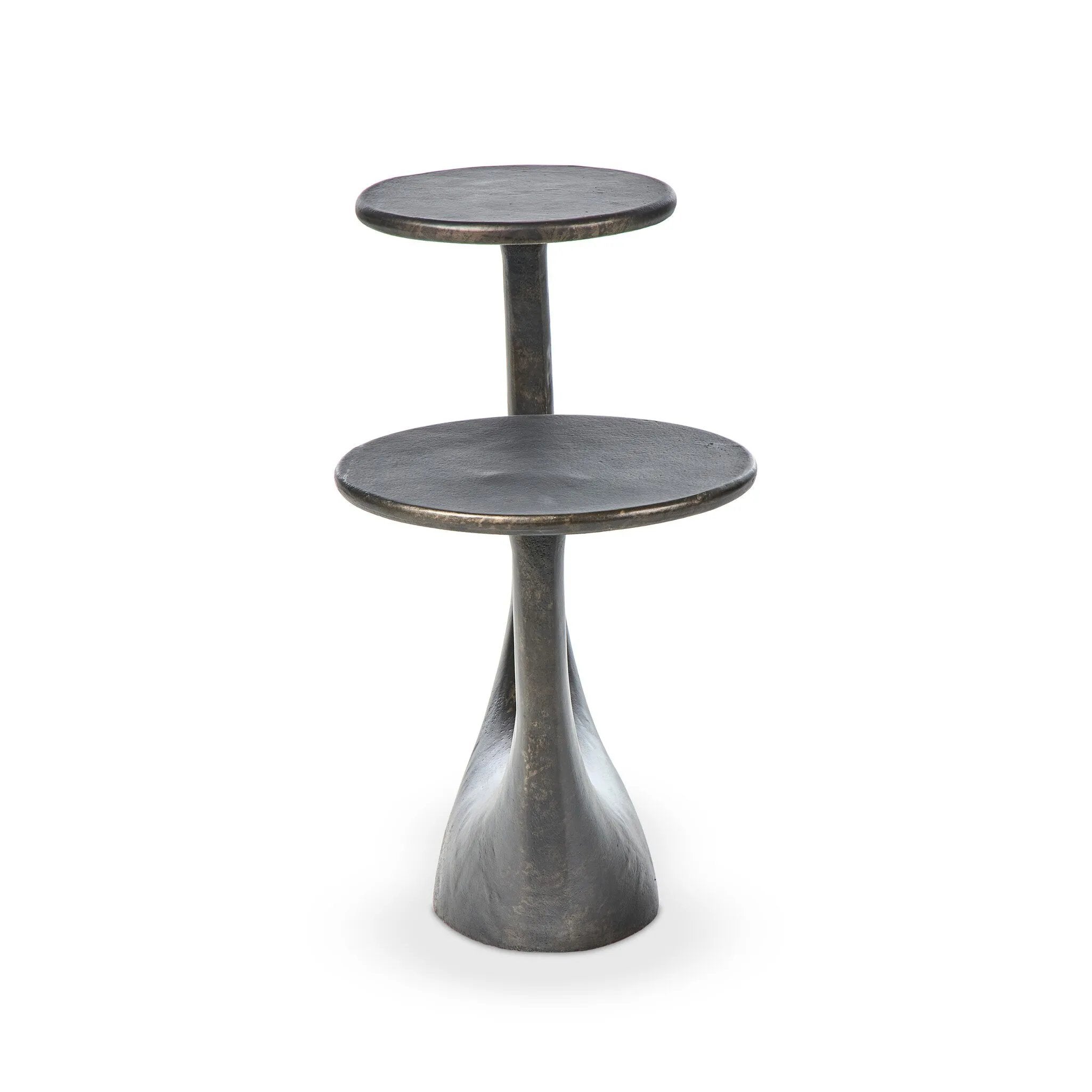 Made from distressed metal with a bronzed finish, an organically shaped end table features two tabletops, perfectly sized for your drink or favorite book Amethyst Home provides interior design, new home construction design consulting, vintage area rugs, and lighting in the Portland metro area.