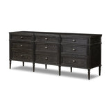 Made from distressed black-finished oak with slim legs, nine drawers bring antique European vibes to modern bedroom styling. This item has been modified to comply with the STURDY Act. See a full list of modified products and data changes in the “STURDY Act” file in the Downloads section below Amethyst Home provides interior design, new home construction design consulting, vintage area rugs, and lighting in the Calabasas metro area.