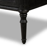 Made from distressed black-finished oak with slim legs, nine drawers bring antique European vibes to modern bedroom styling. This item has been modified to comply with the STURDY Act. See a full list of modified products and data changes in the “STURDY Act” file in the Downloads section below Amethyst Home provides interior design, new home construction design consulting, vintage area rugs, and lighting in the Newport Beach metro area.