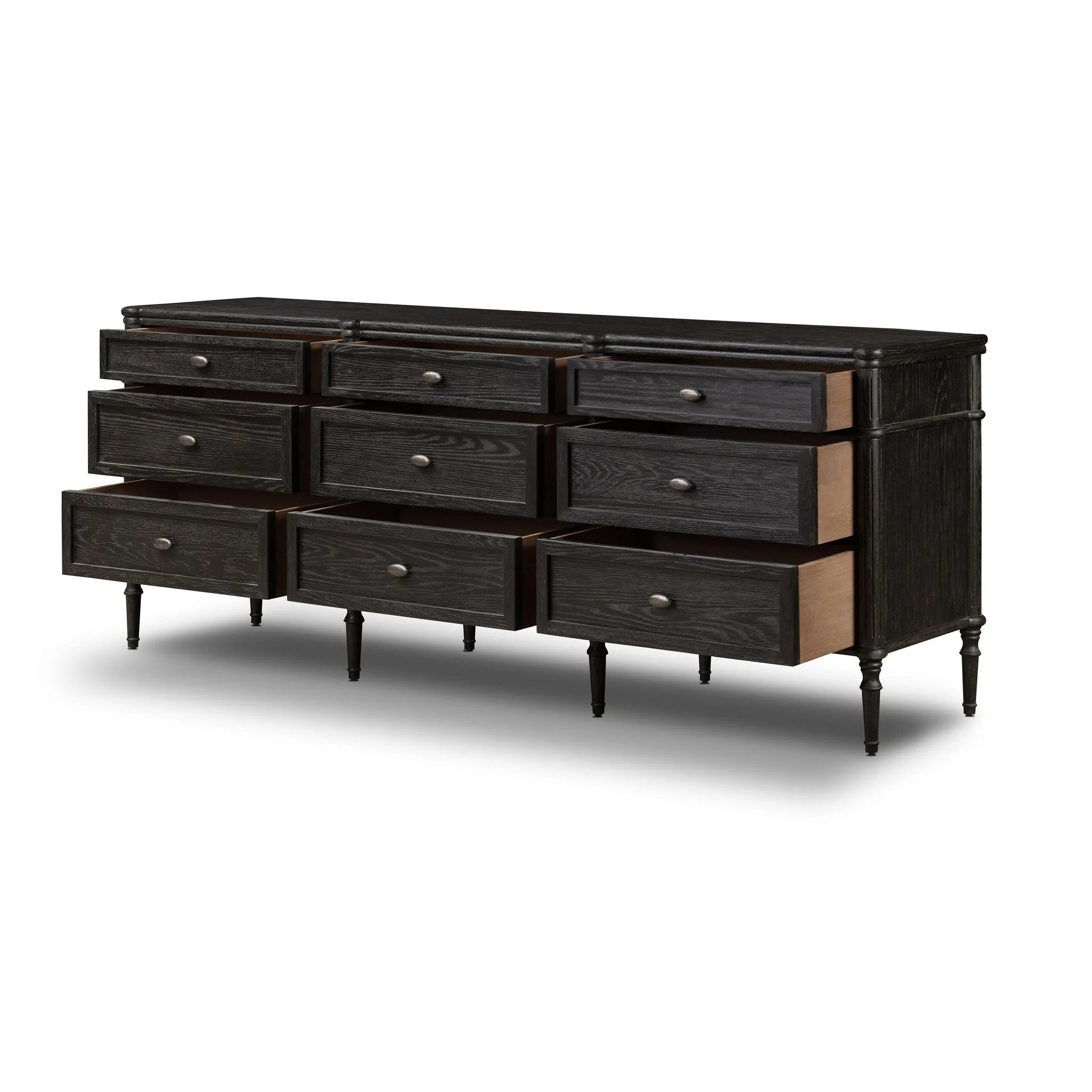 Made from distressed black-finished oak with slim legs, nine drawers bring antique European vibes to modern bedroom styling. This item has been modified to comply with the STURDY Act. See a full list of modified products and data changes in the “STURDY Act” file in the Downloads section below Amethyst Home provides interior design, new home construction design consulting, vintage area rugs, and lighting in the Omaha metro area.