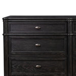 Made from distressed black-finished oak with slim legs, nine drawers bring antique European vibes to modern bedroom styling. This item has been modified to comply with the STURDY Act. See a full list of modified products and data changes in the “STURDY Act” file in the Downloads section below Amethyst Home provides interior design, new home construction design consulting, vintage area rugs, and lighting in the Park City metro area.