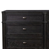Made from distressed black-finished oak with slim legs, nine drawers bring antique European vibes to modern bedroom styling. This item has been modified to comply with the STURDY Act. See a full list of modified products and data changes in the “STURDY Act” file in the Downloads section below Amethyst Home provides interior design, new home construction design consulting, vintage area rugs, and lighting in the Park City metro area.