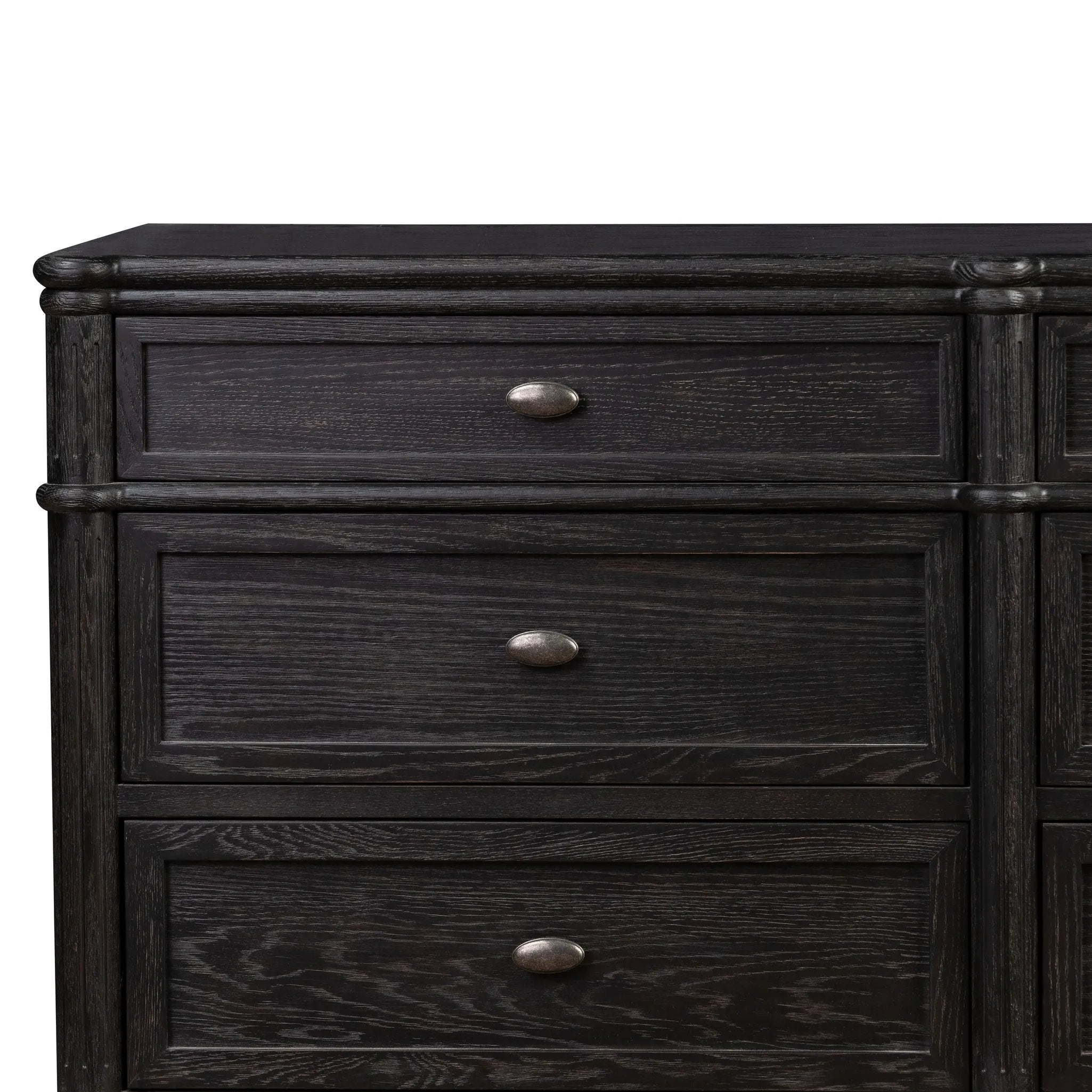 Made from distressed black-finished oak with slim legs, nine drawers bring antique European vibes to modern bedroom styling. This item has been modified to comply with the STURDY Act. See a full list of modified products and data changes in the “STURDY Act” file in the Downloads section below Amethyst Home provides interior design, new home construction design consulting, vintage area rugs, and lighting in the Park City metro area.
