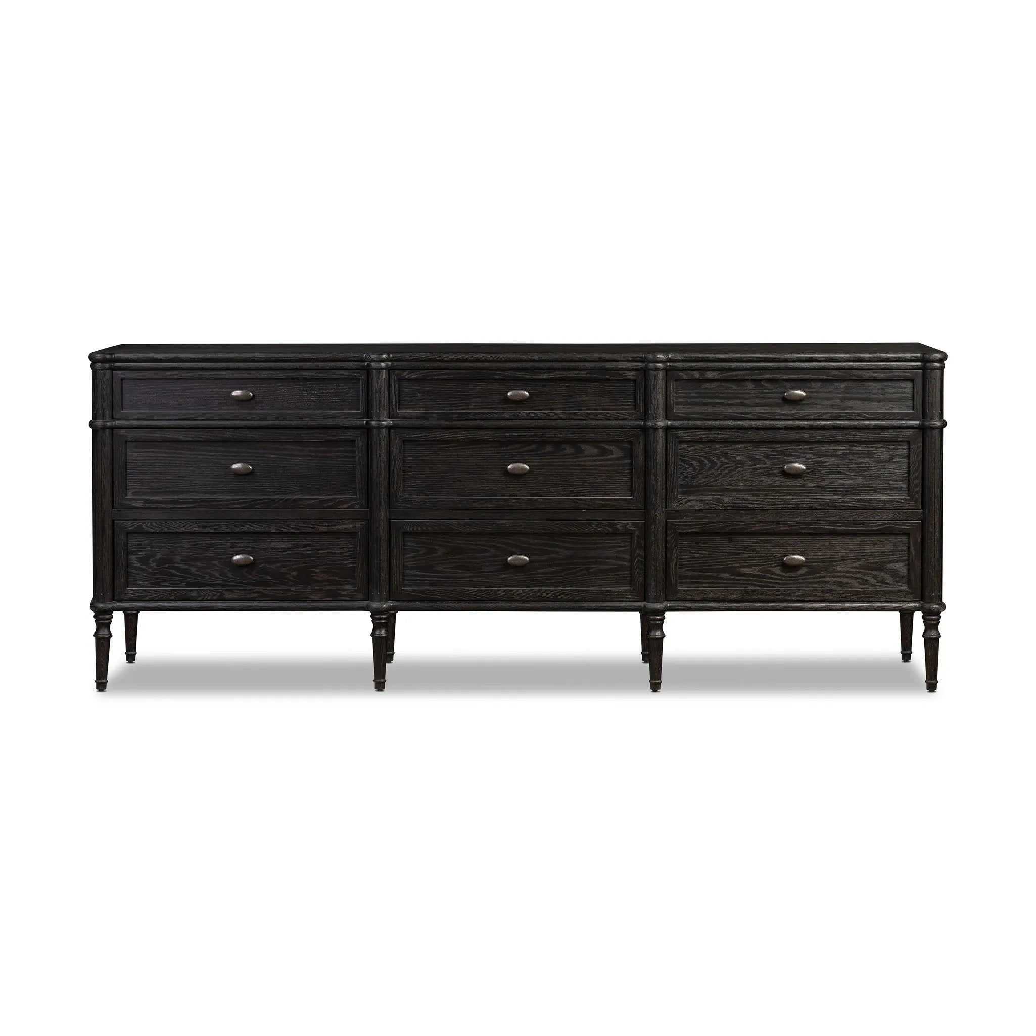 Made from distressed black-finished oak with slim legs, nine drawers bring antique European vibes to modern bedroom styling. This item has been modified to comply with the STURDY Act. See a full list of modified products and data changes in the “STURDY Act” file in the Downloads section below Amethyst Home provides interior design, new home construction design consulting, vintage area rugs, and lighting in the San Diego metro area.