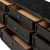 Made from distressed black-finished oak with slim legs, nine drawers bring antique European vibes to modern bedroom styling. This item has been modified to comply with the STURDY Act. See a full list of modified products and data changes in the “STURDY Act” file in the Downloads section below Amethyst Home provides interior design, new home construction design consulting, vintage area rugs, and lighting in the Tampa metro area.