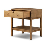 Modern Shaker style meets Scandinavian simplicity in this warm worn oak nightstand. A single drawer with a leather pull plus open lower shelving brings storage to the bedside.As enthusiasts of natural aesthetics at Amethyst, we love the designer inspired Tula Nightstand - Worn Oak Veneer. Amethyst Home provides interior design, new home construction design consulting, vintage area rugs, and lighting in the Miami metro area.