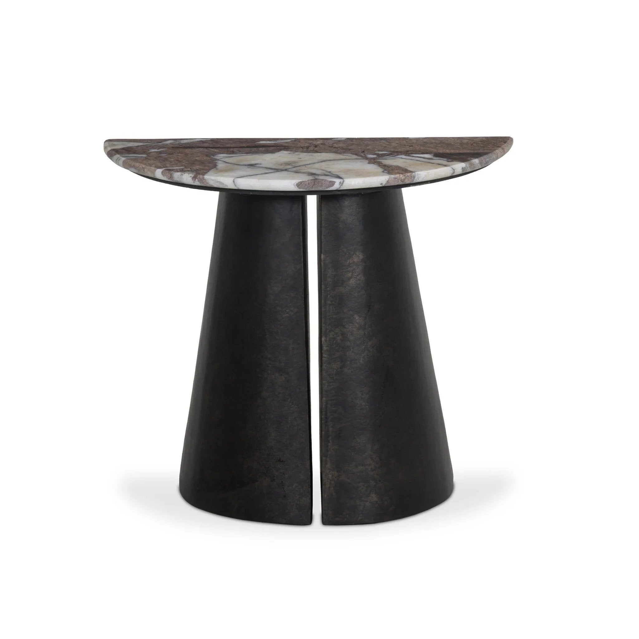 A study in sturdy materials. Distressed bronze aluminum supports a crescent tabletop of solid smoked marble. Unique demilune shape creates styling options, whether against the wall or next to a sofa.As lovers of natural design at Amethyst, we love the warm modern inspired Valentina End Table. Amethyst Home provides interior design, new home construction design consulting, vintage area rugs, and lighting in the Boston metro area.