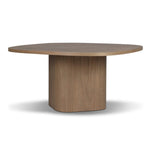Center your dining space with a beautifully simple style inspired by soft Brutalism. Made from solid mindi with a light, sandy finish, this monolithic piece features a unique "squircle" tabletop, with flowing curves on its edges. A substantial plinth base is rotated to a 45-degree angle to highlight this piece's playful shaping Amethyst Home provides interior design, new home construction design consulting, vintage area rugs, and lighting in the Austin metro area.