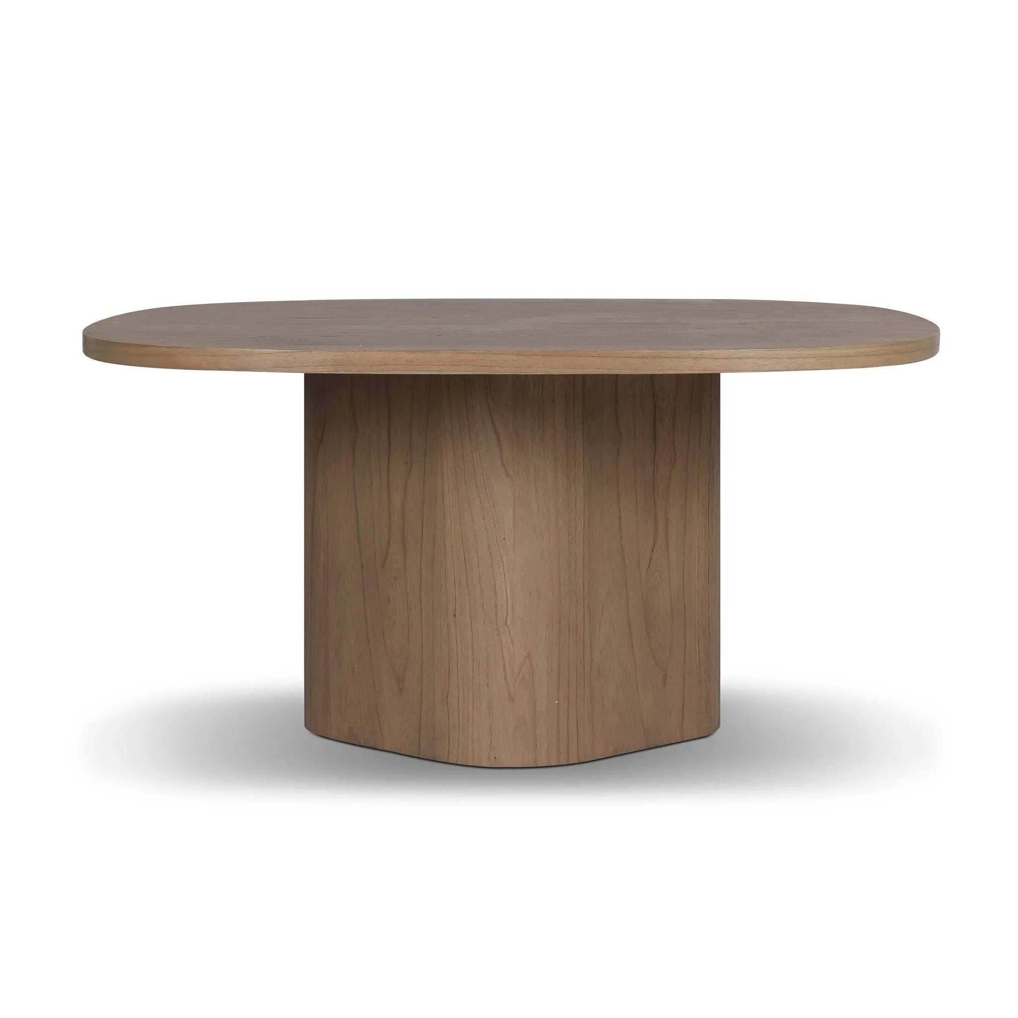 Center your dining space with a beautifully simple style inspired by soft Brutalism. Made from solid mindi with a light, sandy finish, this monolithic piece features a unique "squircle" tabletop, with flowing curves on its edges. A substantial plinth base is rotated to a 45-degree angle to highlight this piece's playful shaping Amethyst Home provides interior design, new home construction design consulting, vintage area rugs, and lighting in the Salt Lake City metro area.