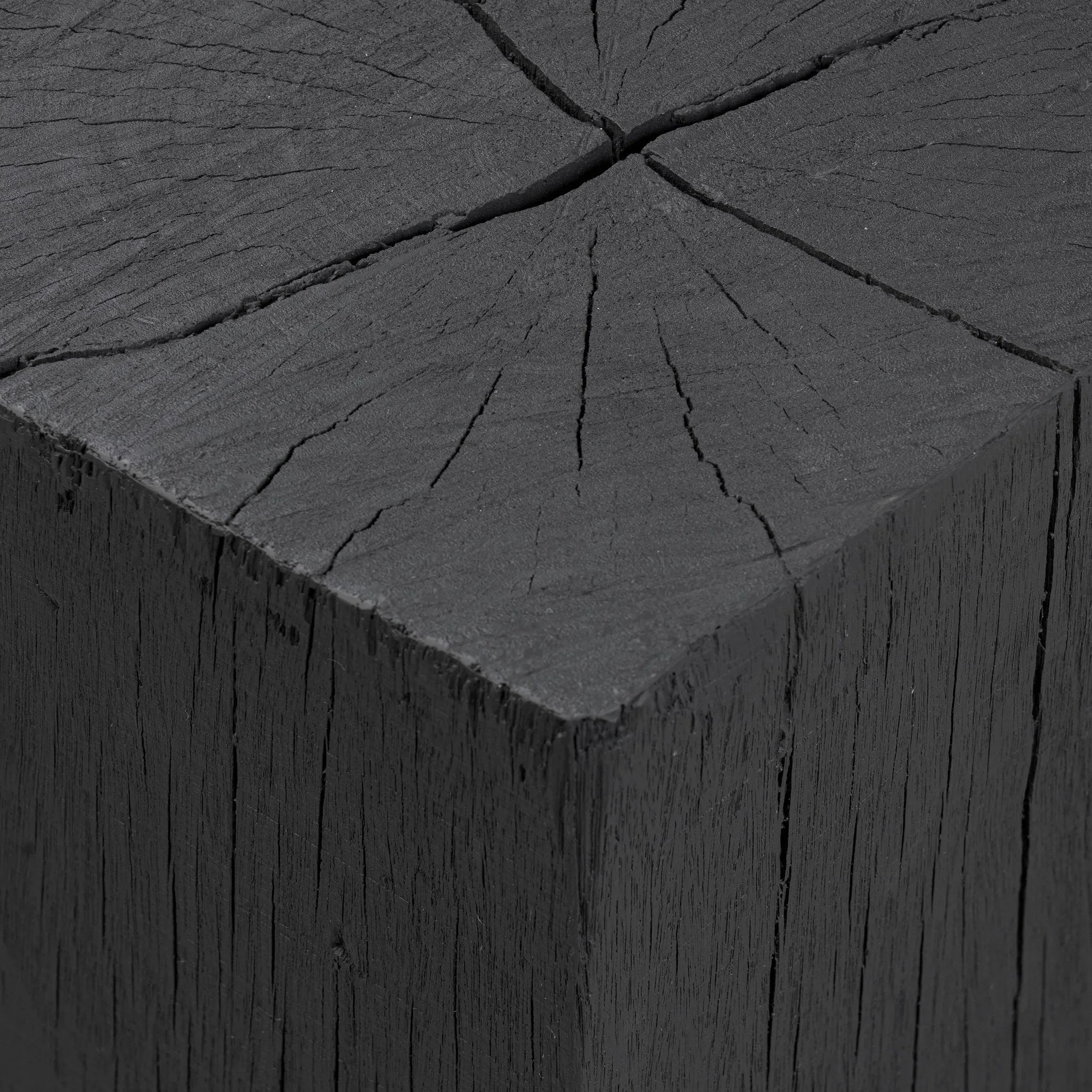 Ground any room with a style inspired by the beautiful simplicity of nature. Made of black-finished resin, the form for this special piece is molded from a tree trunk that's been cut into a square, then cast in resin to recreate the same  texture of the trunk, even the saw marks where it was cut — talk about a true statement piece Amethyst Home provides interior design, new home construction design consulting, vintage area rugs, and lighting in the Omaha metro area.