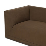 An inviting take on the classic tuxedo sofa, made for modern living. Celebrating mitered corners, for precision at every angle, and a layered, upholstered frame for a sharp, architectural look, the sofa rests on a wood plinth base. Tailored in the United States with thick pocket-seam cushions for unexpected comfort. Amethyst Home provides interior design, new home construction design consulting, vintage area rugs, and lighting in the Des Moines metro area.